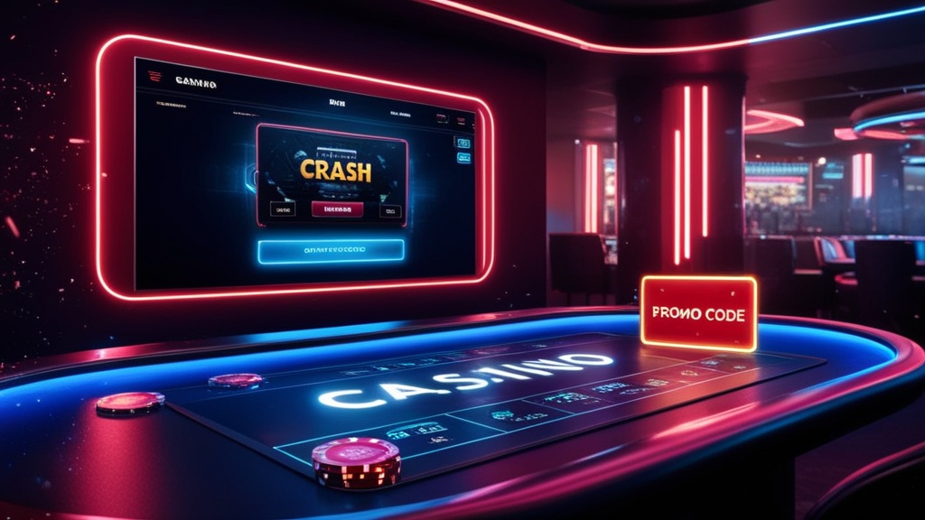Tela de bônus e código promocional em ambiente de cassino escuro e neon